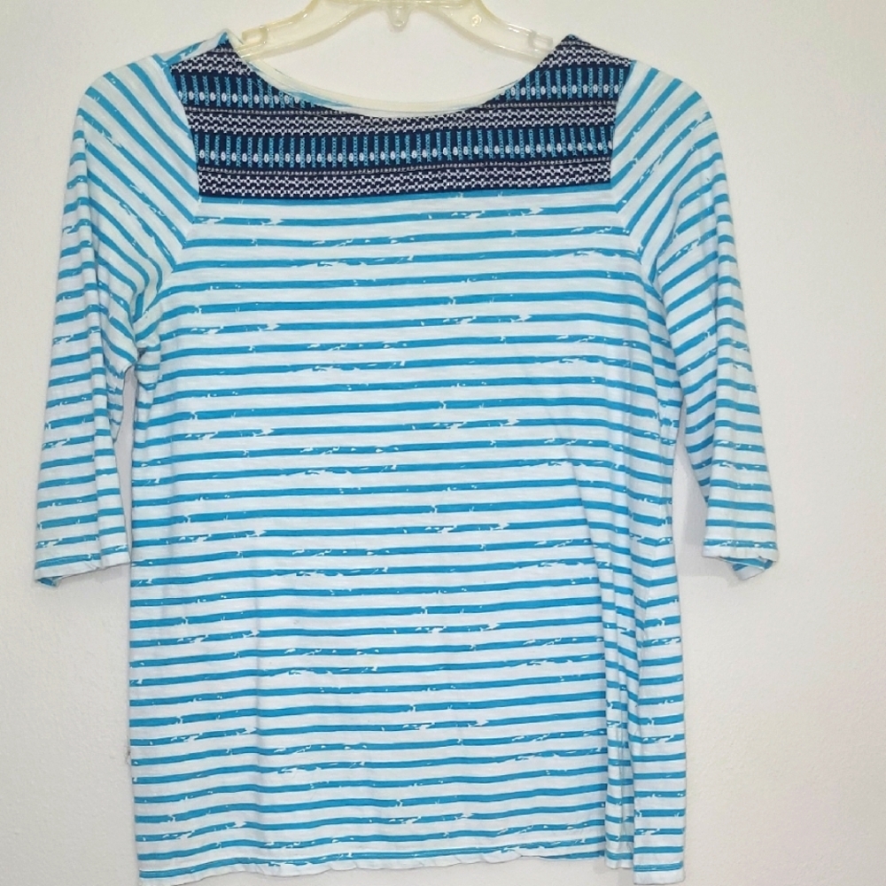 Striped Tshirt 100% Cotton  Blue White Embroidered Elbow Sleeves Coastal